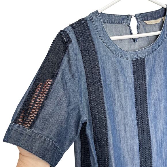 Soft Surroundings | Lapiza Crochet Stripe Chambray Top Dark Wash Blue Medium - Picture 3 of 8